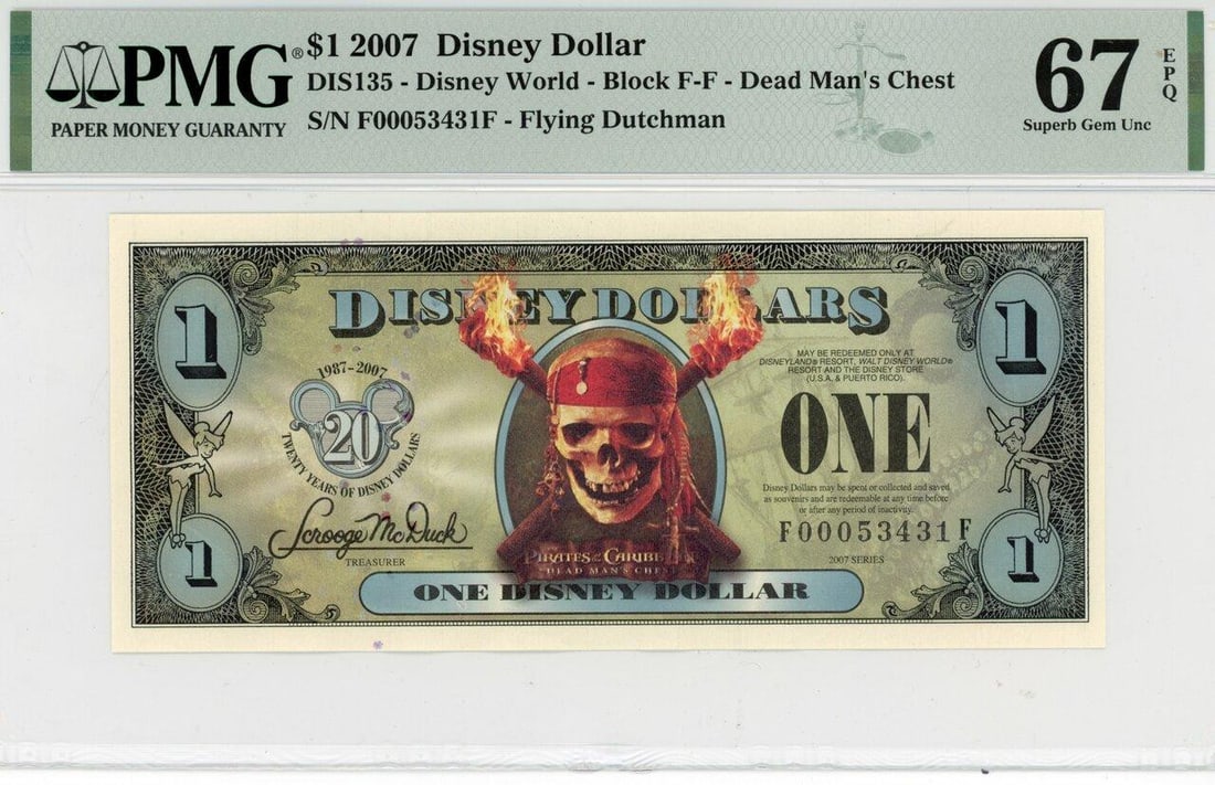 2007 $1 Dead Mans Chest Disney Dollar PMG 67EPQ: One 2007 $1 Dead Mans Chest Disney Dollar PMG 67EPQ.