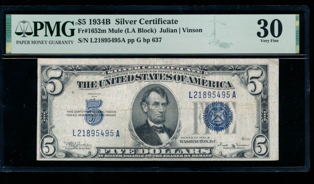 1934B $5 Silver Certificate PMG 30