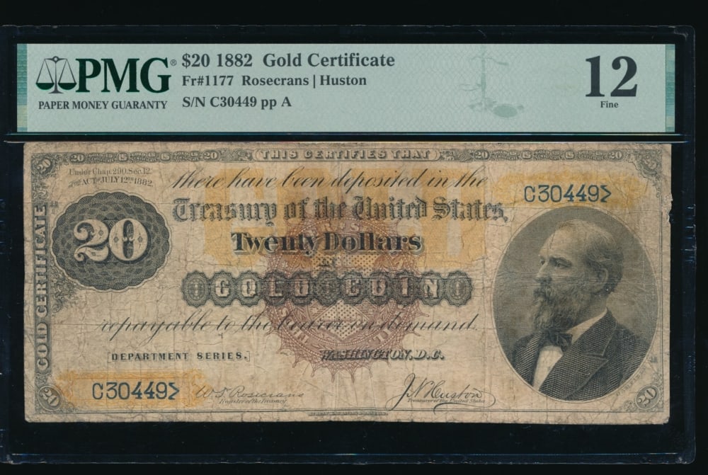 1882 $20 Gold Certificate PMG 12: One 1882 $20 Gold Certificate PMG 12.