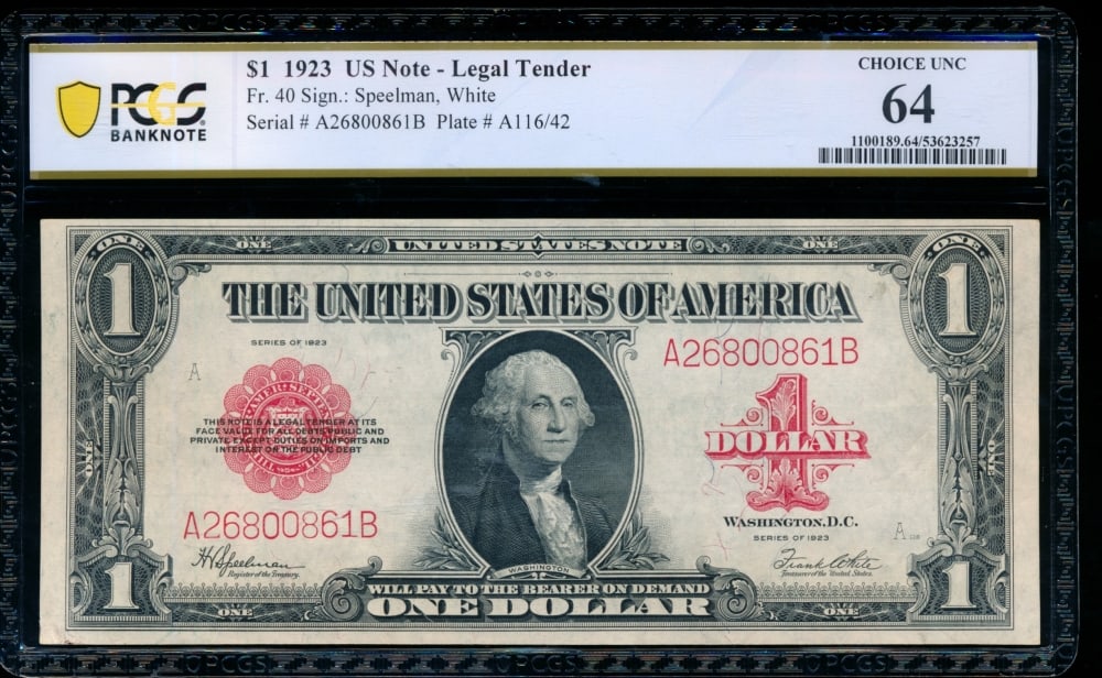 1923 $1 Legal Tender Note PCGS 64: One 1923 $1 Legal Tender Note PCGS 64.