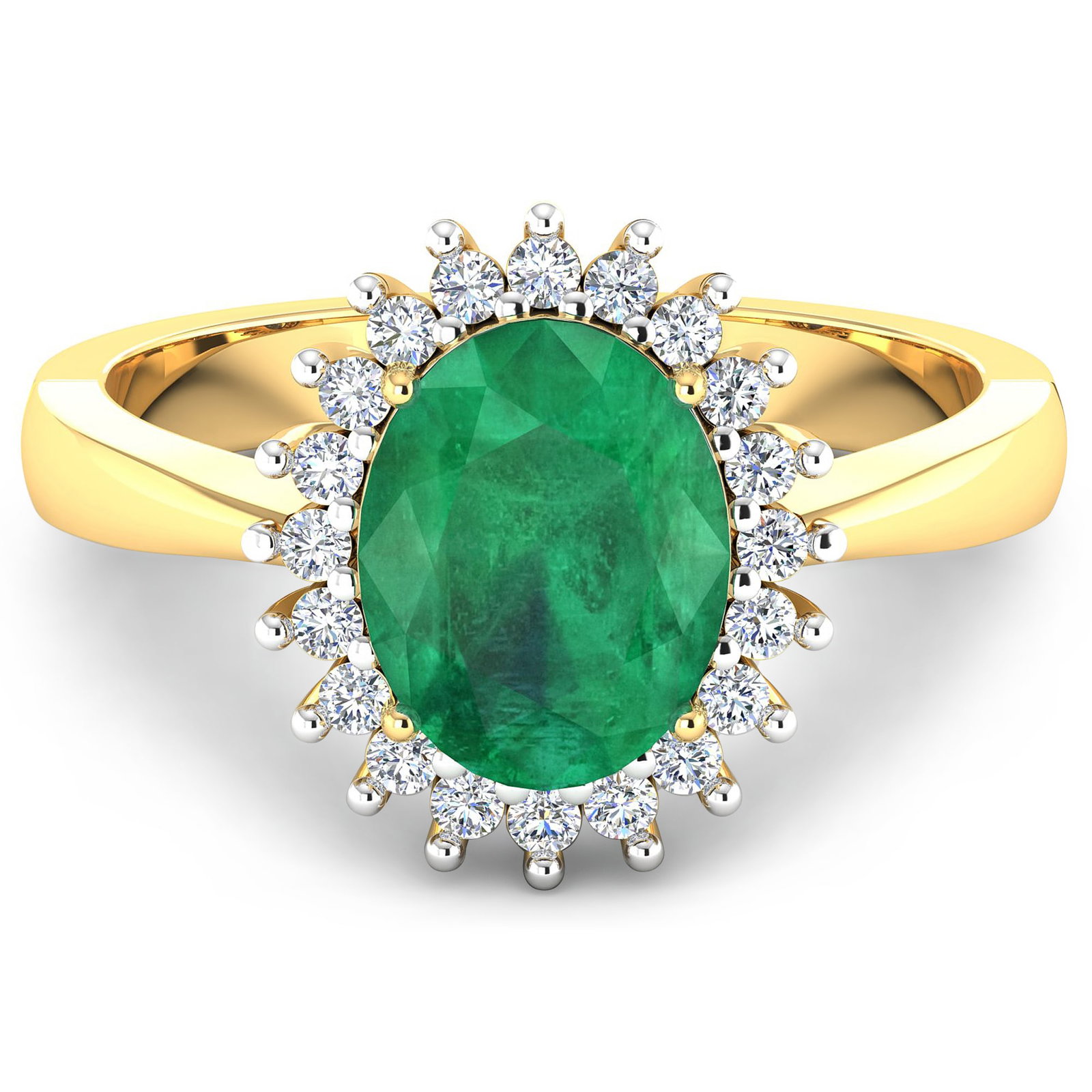 14KT Yellow Gold 1ct Zambian Emerald and Diamond Ring: Zambian Emerald (AA) Oval 8x6mm - 1Pc + White Diamond F/C Round 1.40mm - 17Pcs ( White Pan Rhodium ) (I1-I2/I color). Total weight of gemstone is 1cts. Total weight of Diamonds is 0.19cts. Total weigh