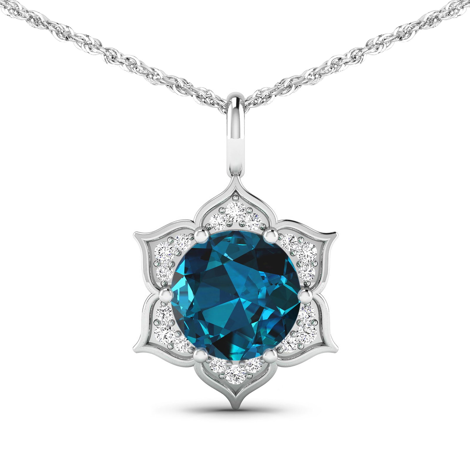 14KT White Gold 2.05ctw London Blue Topaz and Diamond Pendant: London Blue Topaz Round 8.00mm - 1Pc + White Diamond F/C Round 1.30mm - 6Pcs + White Diamond F/C Round 1.10mm - 12Pcs (SI2/HI color) Total weight of gemstone is 2.05cts. Total Diamond weight is 0.14ct