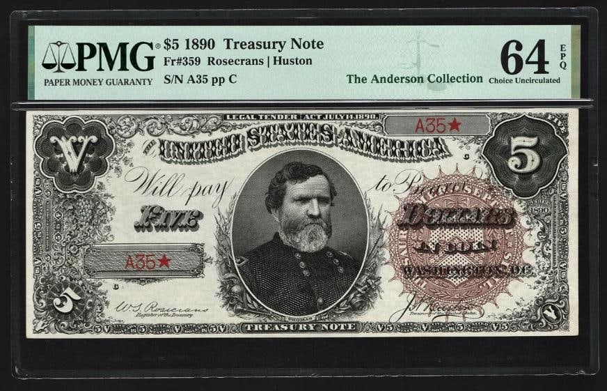 1890 $5 Treasury Note PMG 64EPQ: One 1890 $5 Treasury Note PMG 64EPQ.