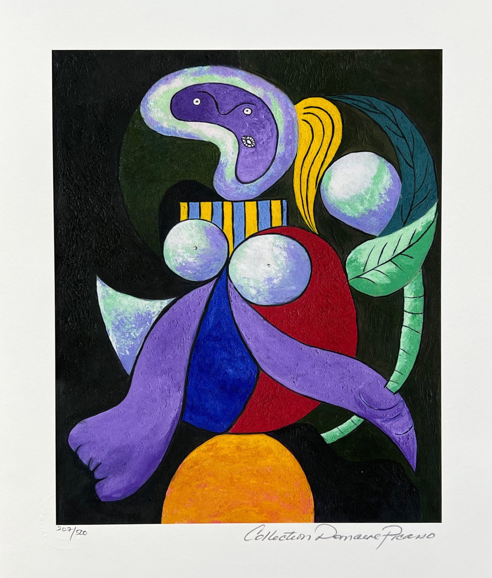 Pablo Picasso WOMAN WITH A FLOWER Estate Signed Limited Edition Giclee: This is a PABLO PICASSO (ESTATE COLLECTION DOMAINE) (1881-1973) small giclee titled WOMAN WITH A FLOWER. This piece is pencil signed on the lower right as Collection Domaine Picasso and has an embosse
