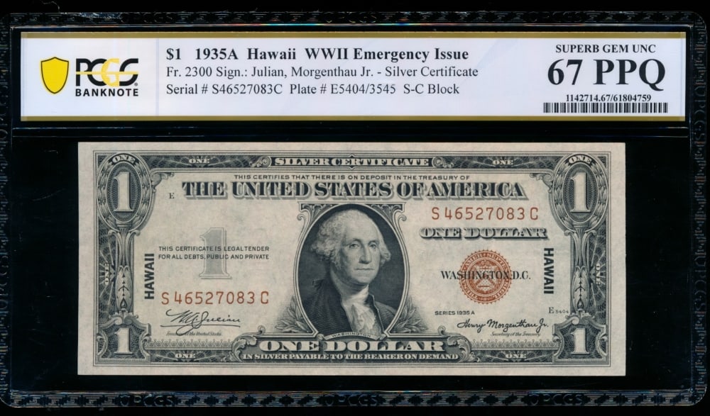 1935A $1 Hawaii Silver Certificate PCGS 67PPQ: One 1935A $1 Hawaii Silver Certificate PCGS 67PPQ.