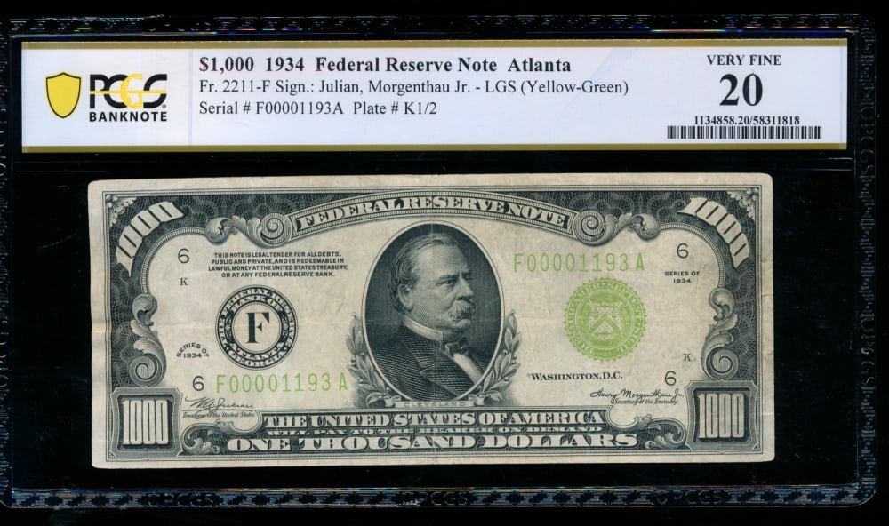 1934 $1000 Atlanta FRN PCGS 20 (1 of 2)