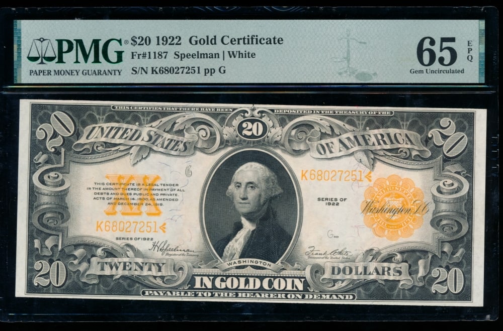 1922 $20 Gold Certificate PMG 65EPQ: One 1922 $20 Gold Certificate PMG 65EPQ.