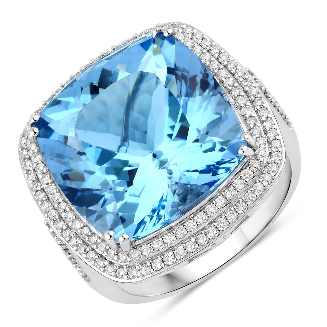 14KT White Gold 13.34ctw Aquamarine and Diamond Ring: This striking women's halo ring is crafted in 14K white gold with a fine finish. At its center is a natural cushion-cut aquamarine measuring 15.00 mm and weighing an impressive 12.80 carats, set in a 