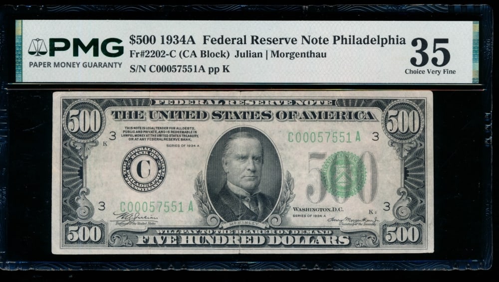 1934A $500 Philadelphia FRN PMG 35: One 1934A $500 Philadelphia FRN PMG 35.
