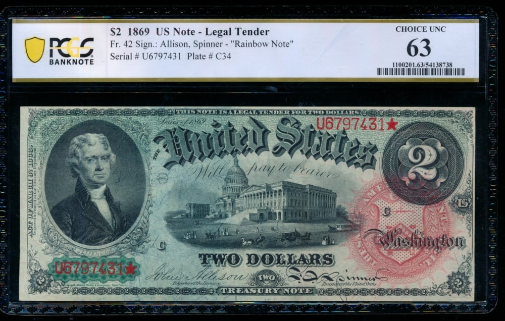 1869 $2 Legal Tender Note PCGS 63: One 1869 $2 Legal Tender Note PCGS 63.