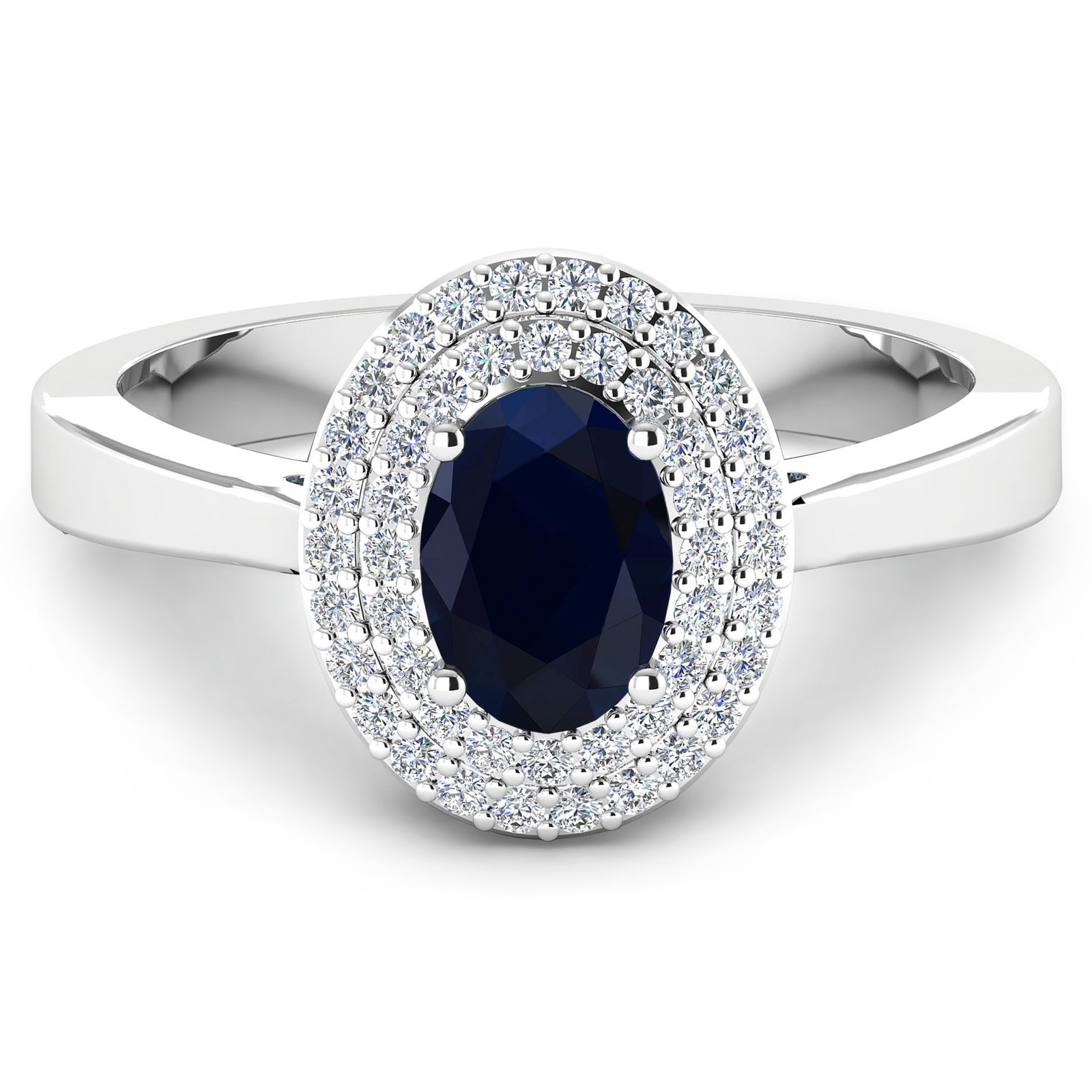 14KT White Gold 0.90ct Blue Sapphire and Diamond Ring: Blue Sapphire (AA) Oval 7x5mm - 1Pc + White Diamond F/C Round 0.90mm - 46Pcs (I1-I2/I color). Total weight of gemstone is 0.9cts. Total weight of Diamonds is 0.16cts. Total weight of this ring is 2.49