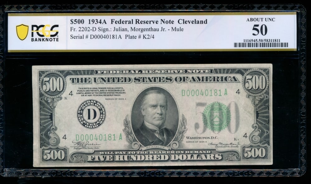 1934A $500 Cleveland FRN PCGS 50: One 1934A $500 Cleveland FRN PCGS 50.