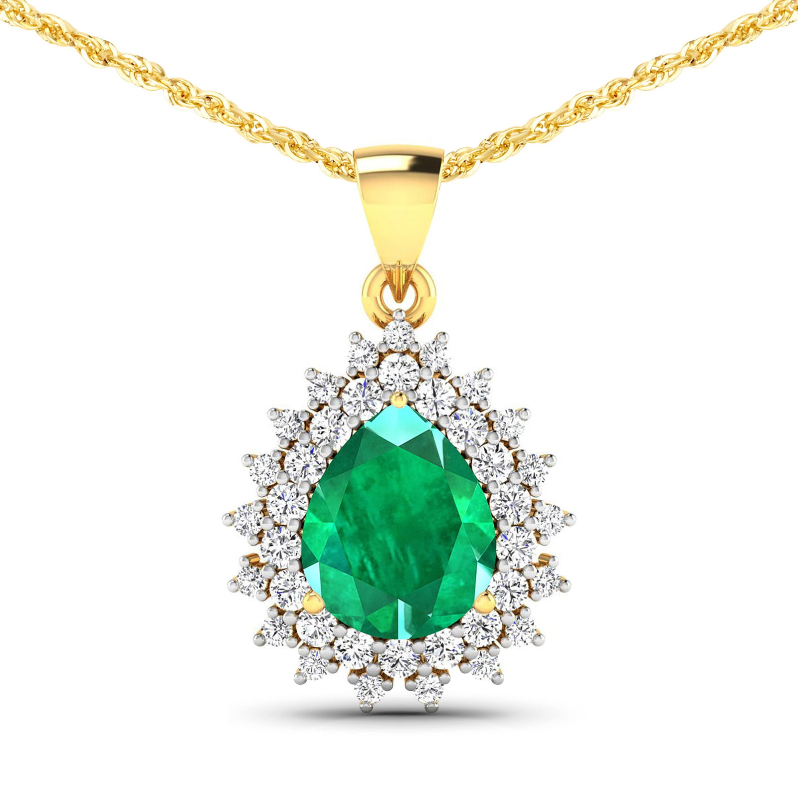 14KT Yellow Gold 2.85ctw Zambian Emerald and Diamond Pendant: Zambian Emerald (AA) Pears 11x9mm - 1Pc + White Diamond F/C Round 2.00mm - 18Pcs + White Diamond F/C Round 1.50mm - 19Pcs ( Diamond Quality : SI-2/HI ) Total weight of gemstone is 2.85cts. Total