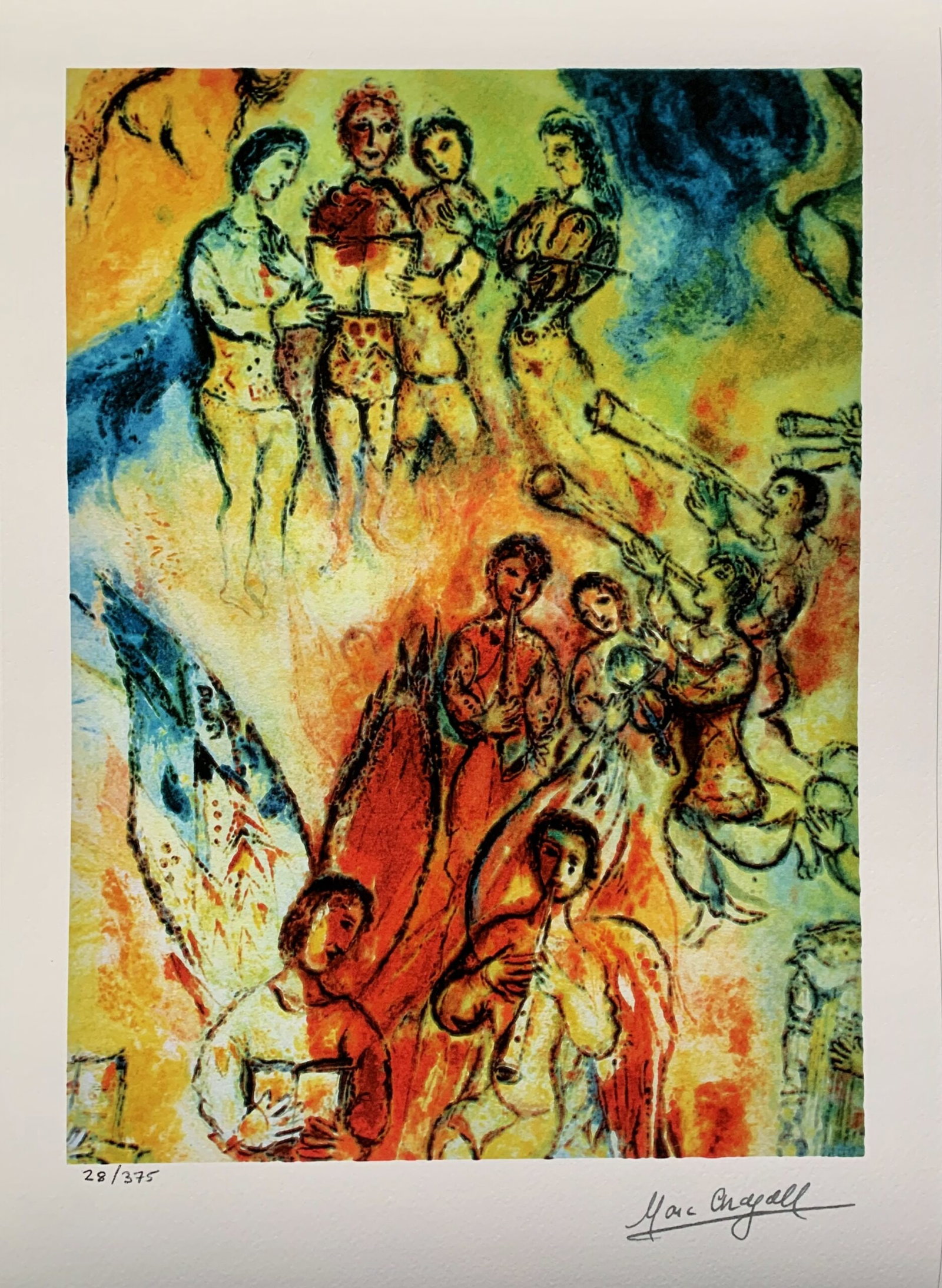 Marc Chagall MUSIC OF ANGELS Limited Edition Facsimile Signed Giclee: This is a Marc Chagall limited edition small giclee titled MUSIC OF ANGELS. This giclee is facsimile signed on the lower right and is pencil numbered on the lower left from an edition of 375. Paper