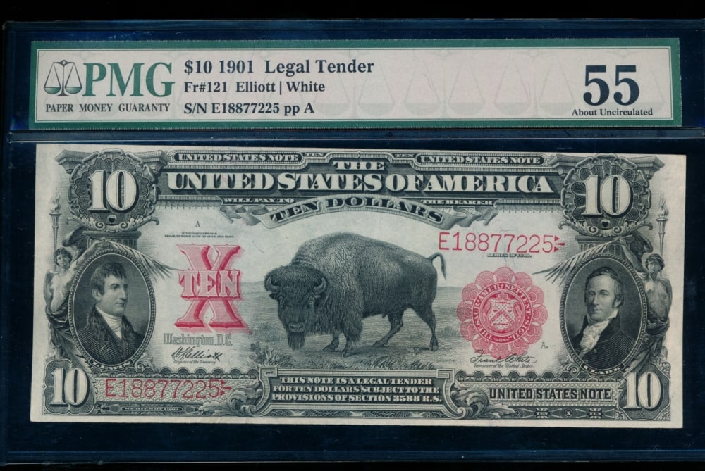 1901 $10 Bison Legal Tender Note PMG 55: One 1901 $10 Bison Legal Tender Note PMG 55.