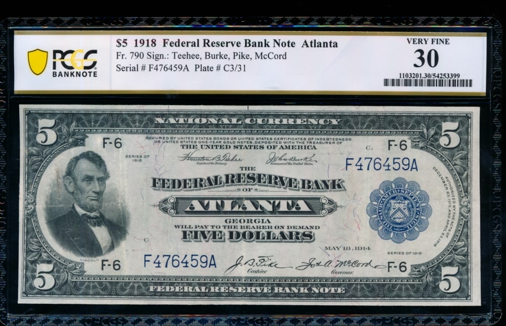 1918 $5 Atlanta FRBN PCGS 30 (1 of 2)