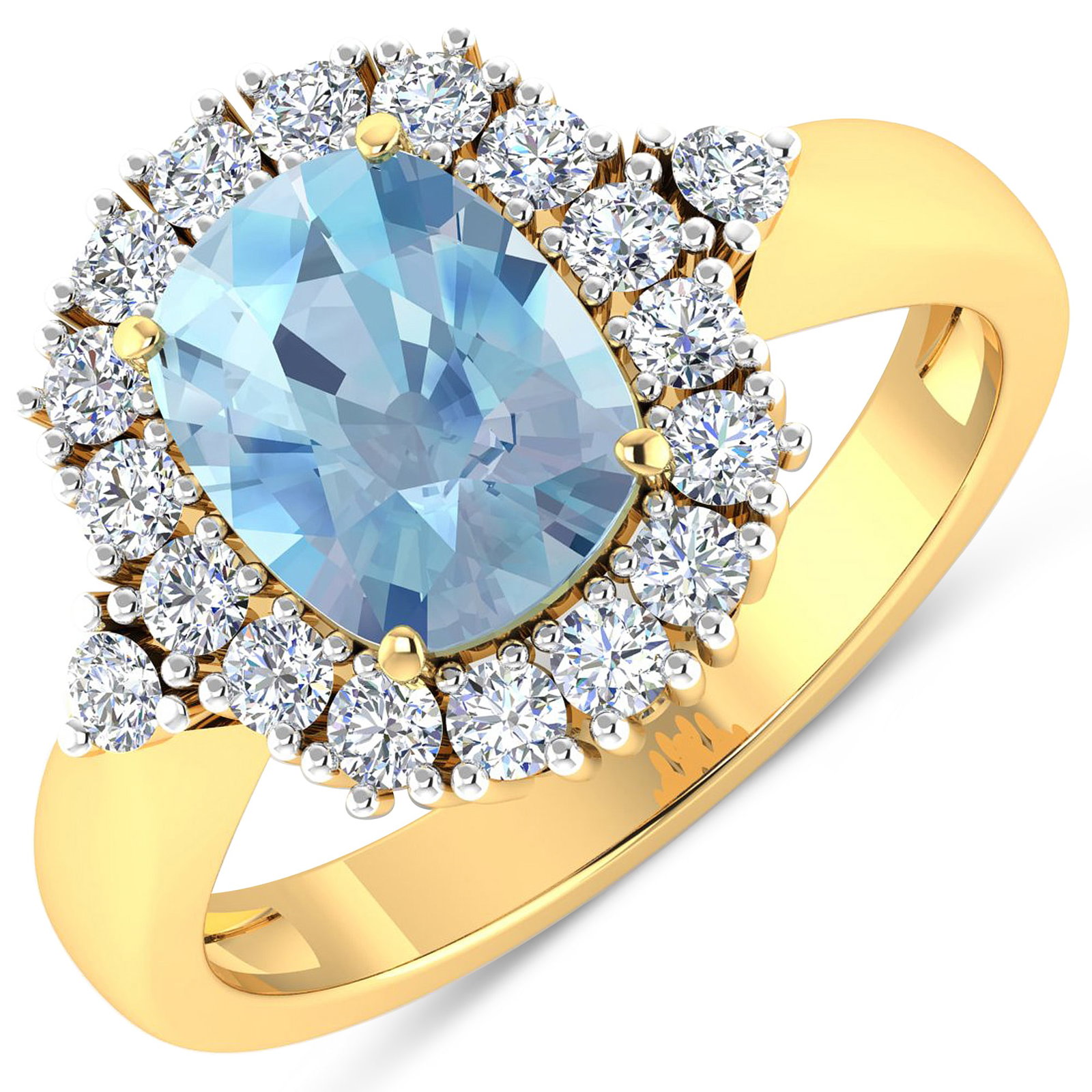 14KT Yellow Gold 1.65ct Aquamarine and Diamond Ring: Aquamarine (AA+) Cushion 9x7mm - 1Pc + White Diamond F/C Round 2.00mm - 18Pcs ( White Pan Rhodium ) ( Diamond Quality : SI-2/HI ). Total weight of gemstone is 1.65cts. Total weight of Diamonds is 0.54