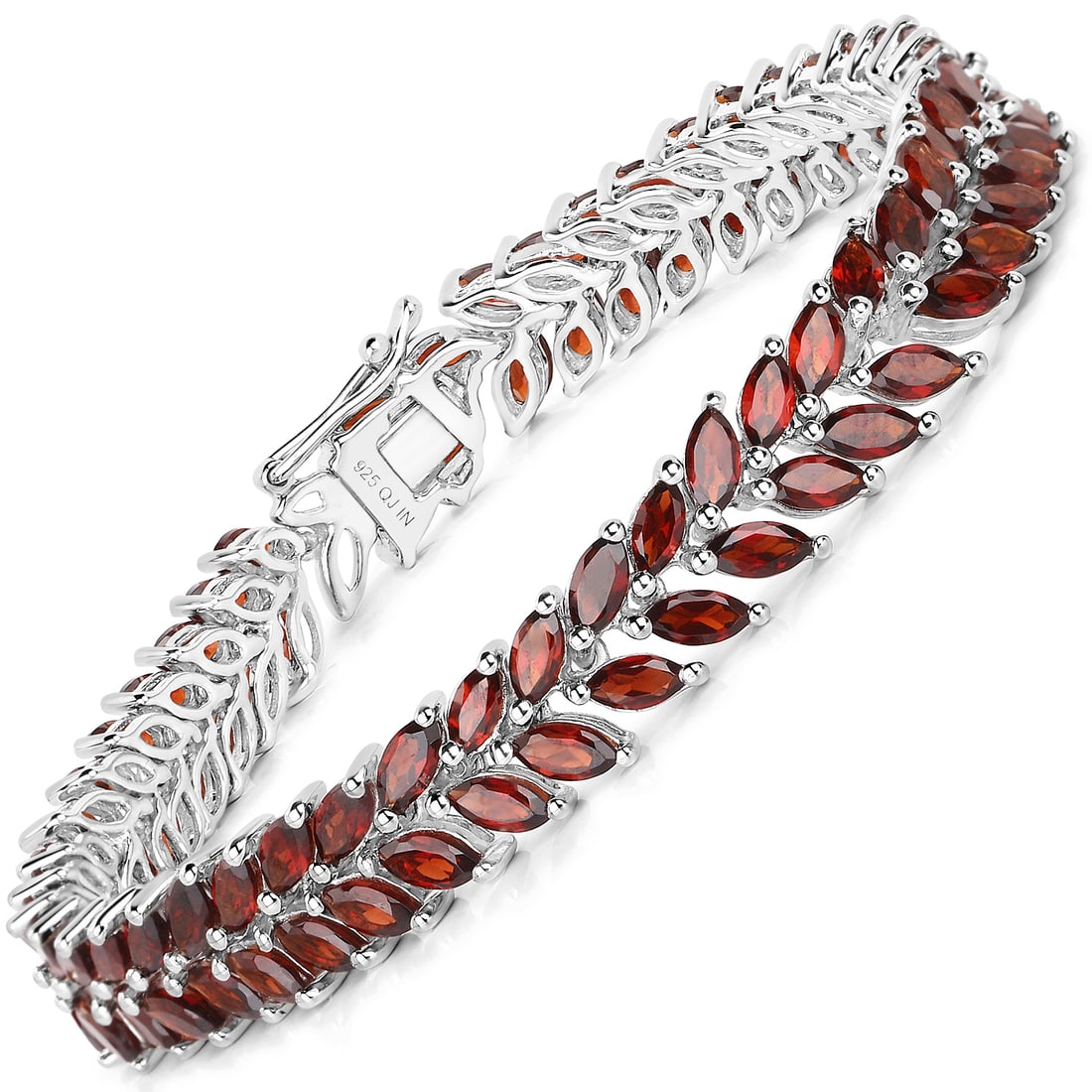 Plated 18KT White Gold 18.40ctw Garnet Bracelet: This 18K white gold plated .925 sterling silver tennis bracelet showcases an impressive array of ninety two natural marquise cut garnets, each 5x2.5mm and prong set to create a continuous line of rich
