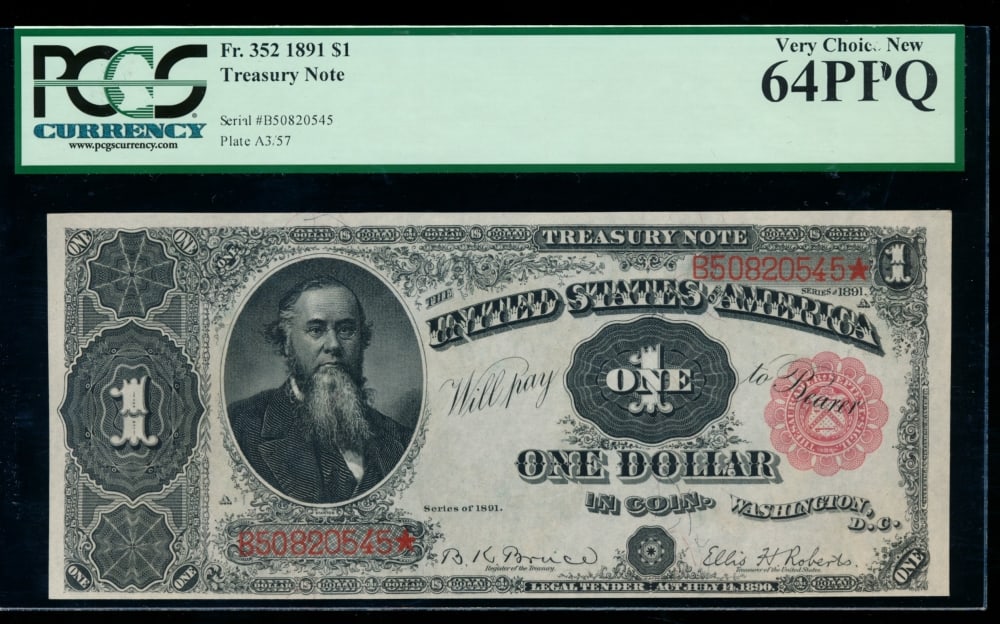 1891 $1 Treasury Note PCGS 64PPQ: One 1891 $1 Treasury Note PCGS 64PPQ.