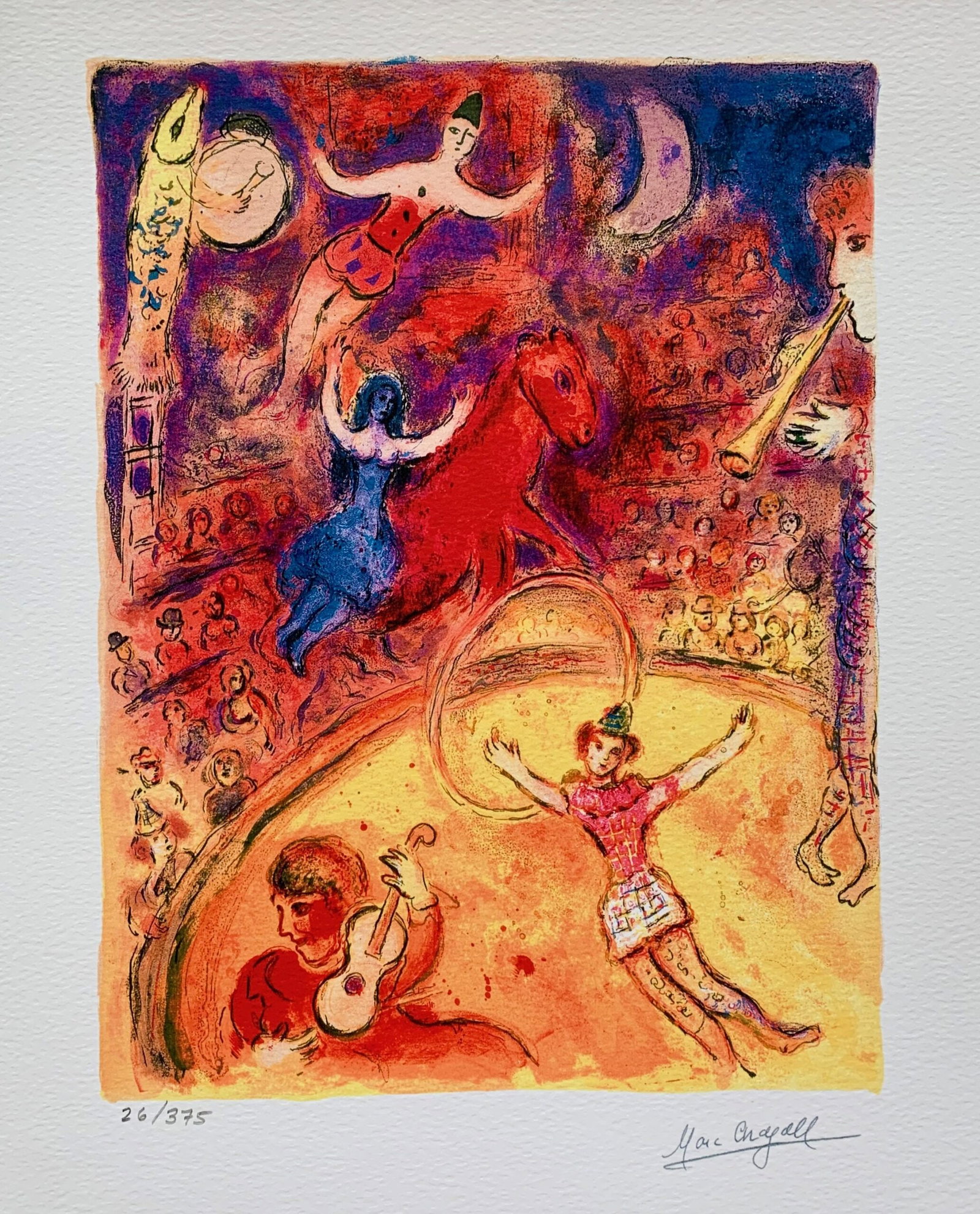 Marc Chagall CIRCUS Limited Edition Facsimile Signed Giclee: This is a Marc Chagall limited edition extra small giclee titled CIRCUS. This giclee is facsimile signed on the lower right and is pencil numbered on the lower left from an edition of 375. Paper measu