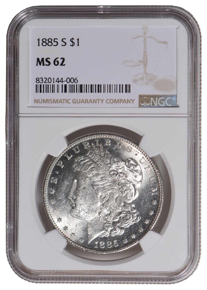 1885-S $1 Morgan Silver Dollar NGC MS62: One 1885-S $1 Morgan Silver Dollar NGC MS62.