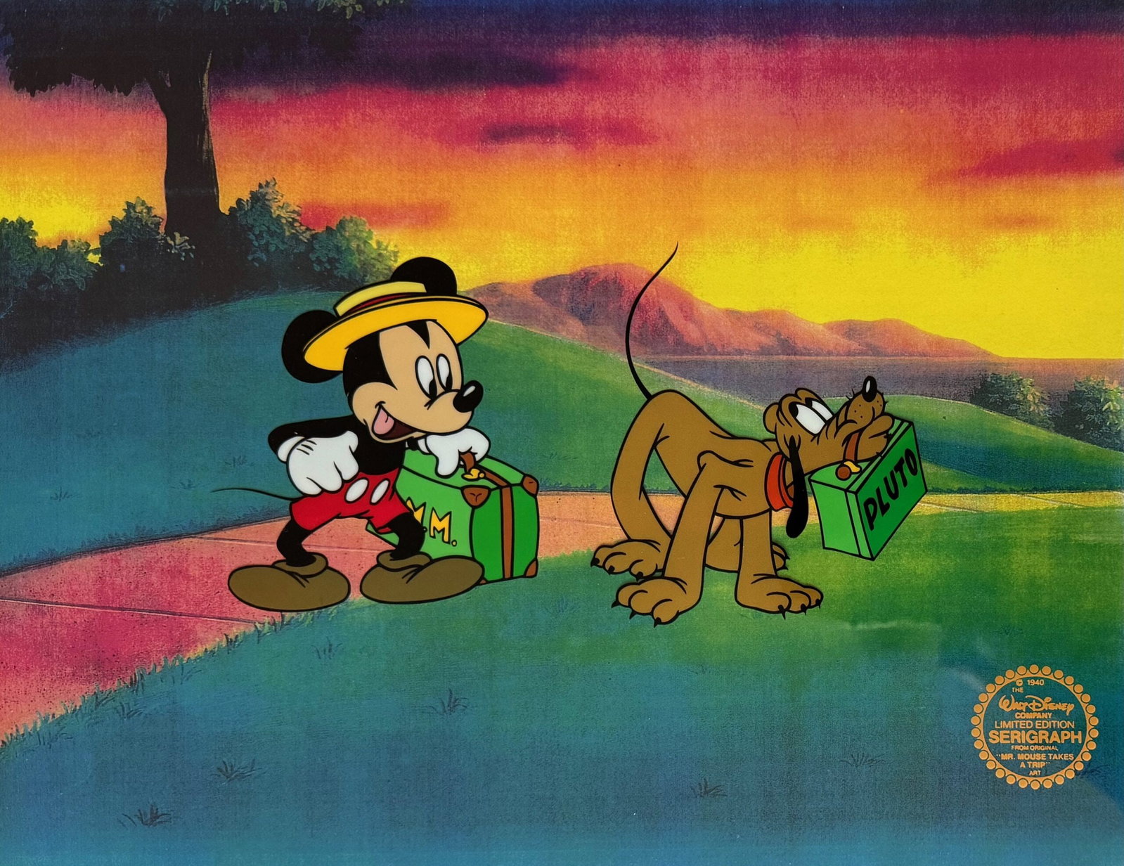 Disney MICKEY MOUSE & PLUTO TAKES A TRIP Sericel Animation Art Cel: This is a GENUINE Original Limited Edition Serigraph Cel of MICKEY MOUSE and PLUTO. From Walt Disney Studios. Disneys own artists have selected this scene from the ORIGINAL animation drawings used to 