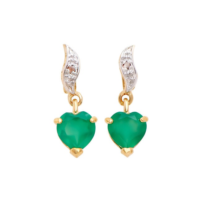 Plated 18KT Yellow Gold 1.42cts Green Agate and Diamond Earrings: One pair of Plated 18KT Yellow Gold 1.42cts Green Agate and Diamond Earrings. (2) Green Agate stones with a total weight of 1.4cts. (2) diamonds with a total of 0.02cts with a color of H-I and clarity