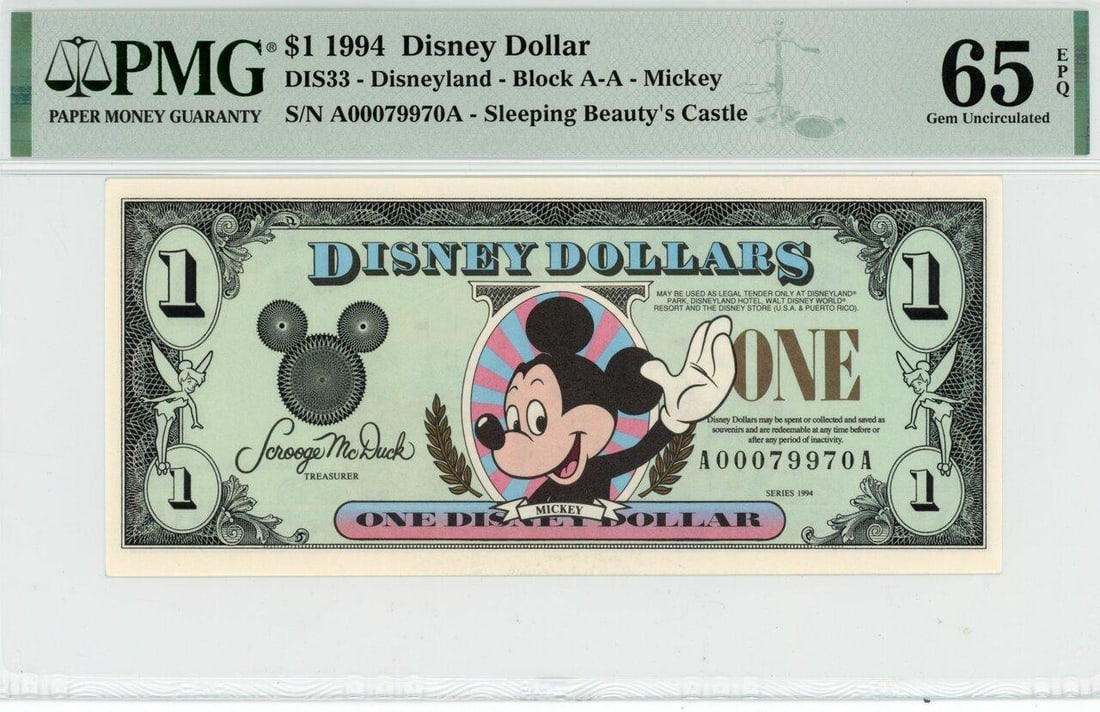 1994 $1 Mickey Disney Dollar PMG 65EPQ: One 1994 $1 Mickey Disney Dollar PMG 65EPQ.