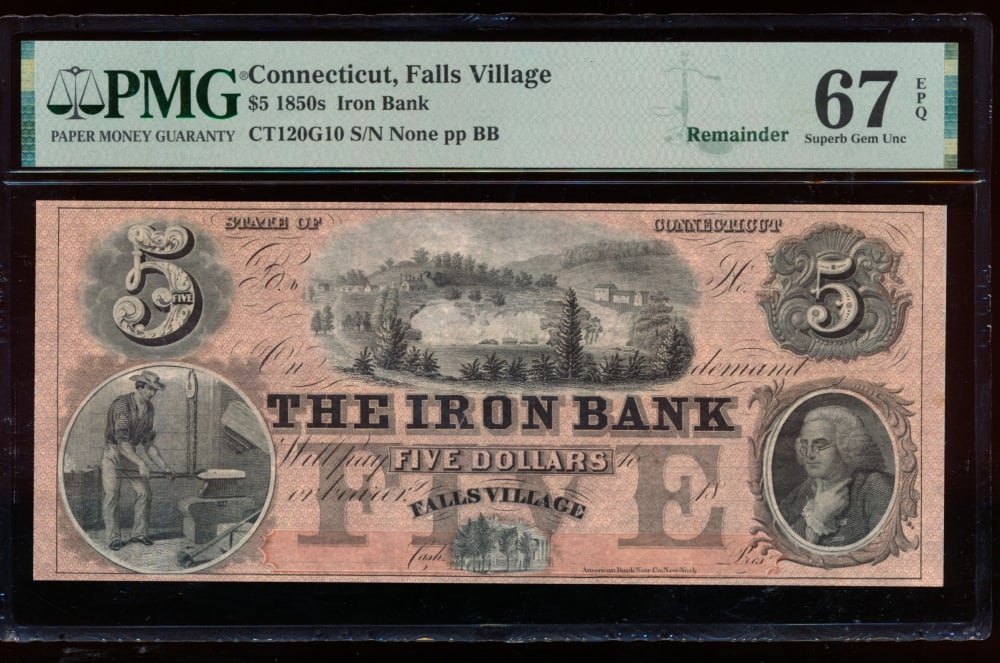 1850s $5 Falls Village CT Obsolete PMG 67EPQ (1 of 2)
