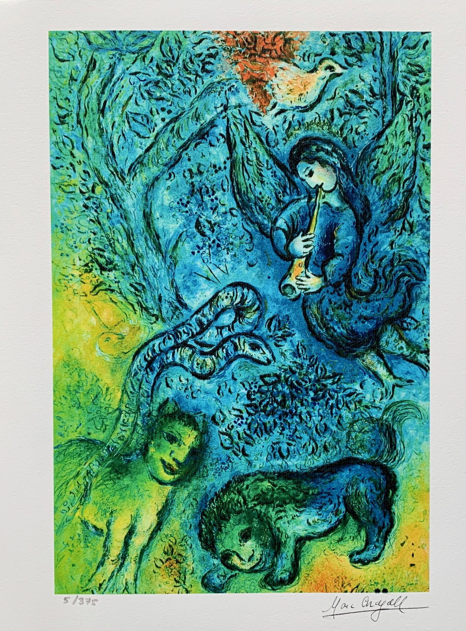 Marc Chagall MAGIC FLUTE Limited Edition Facsimile Signed Giclee: This is a Marc Chagall limited edition extra small giclee titled MAGIC FLUTE. This giclee is facsimile signed on the lower right and is pencil numbered on the lower left from an edition of 375. Paper 