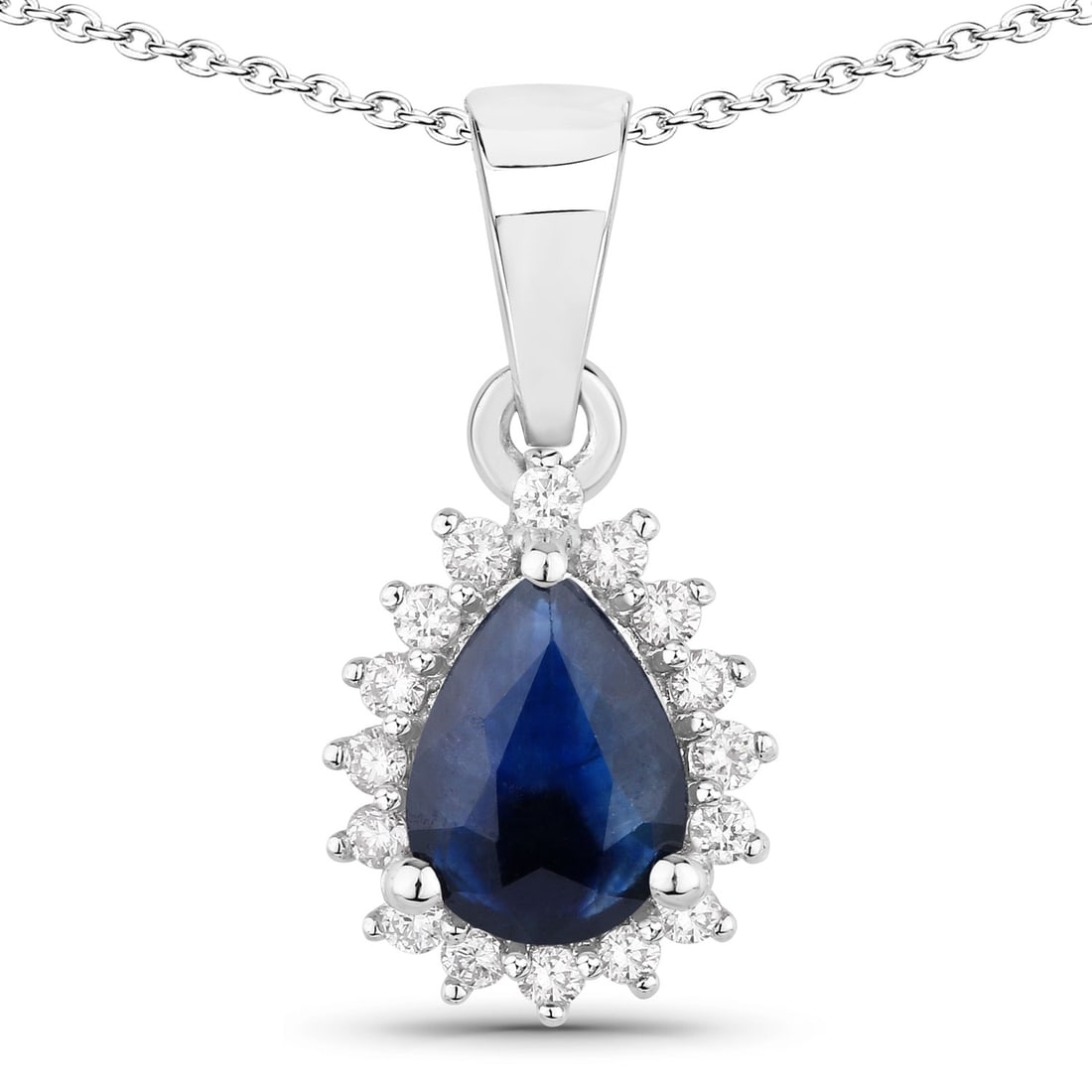 Plated Rhodium 0.80ct Blue Sapphire and Lab Diamond Pendant with Chain: Blue Sapphire Pear/7x5mm - 1/0.80 ctw Prong Setting Natural Heat Treated E + Lab Grown Diamond Round/1.30mm - 16/0.16 ctw