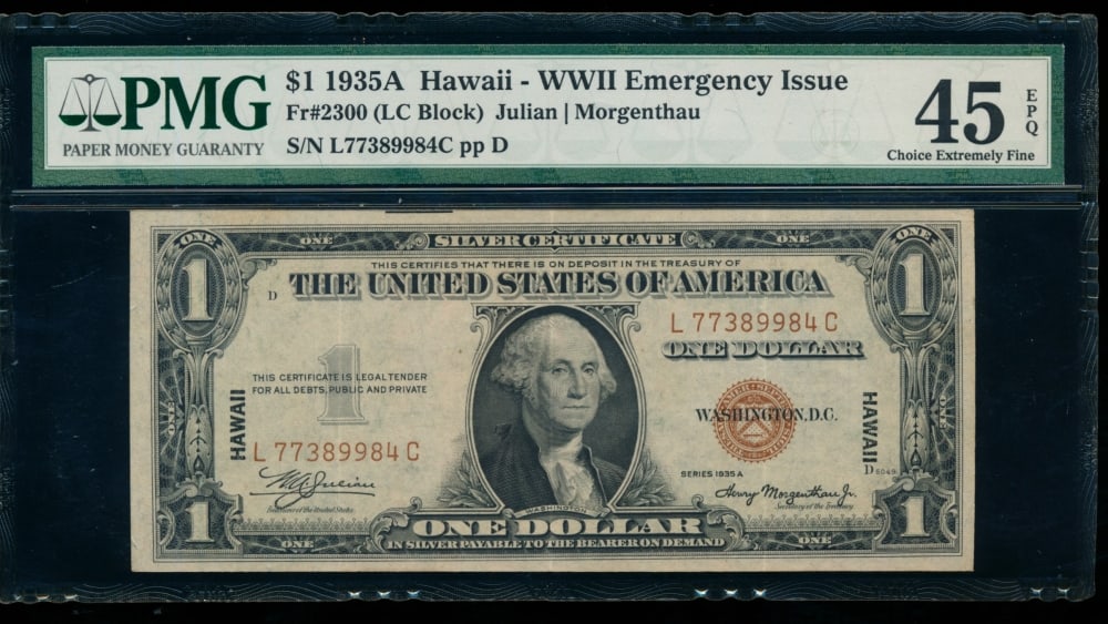 1935A $1 Hawaii Silver Certificate PMG 45EPQ: One 1935A $1 Hawaii Silver Certificate PMG 45EPQ.