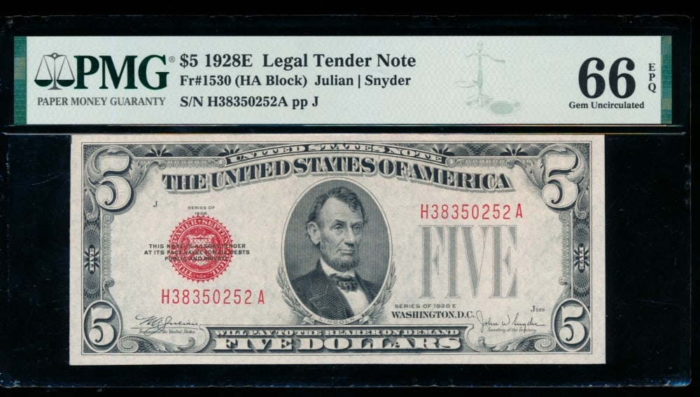1928E $5 Legal Tender Note PMG 66EPQ: One 1928E $5 Legal Tender Note PMG 66EPQ.