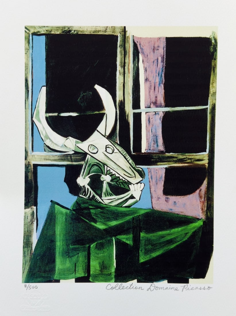 Pablo Picasso STEER SKULL Estate Signed Limited Edition Giclee: This is a PABLO PICASSO (ESTATE COLLECTION DOMAINE) (1881-1973) small giclee titled Still Life with Steer Skull. This piece is pencil signed on the lower right as Collection Domaine Picasso and has an