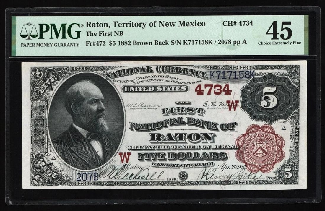 1882 $5 Raton NM National PMG 45: One 1882 $5 Raton NM National PMG 45.