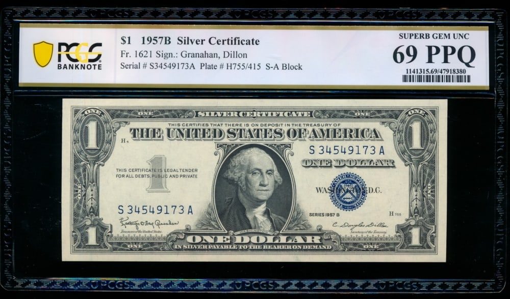 1957B $1 Silver Certificate PCGS 69PPQ: One 1957B $1 Silver Certificate PCGS 69PPQ.