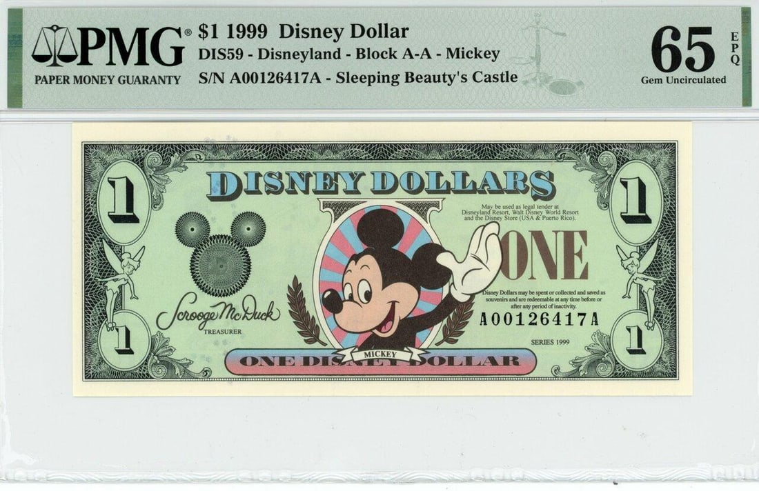 1999 $1 Mickey Disney Dollar PMG 65EPQ (1 of 2)