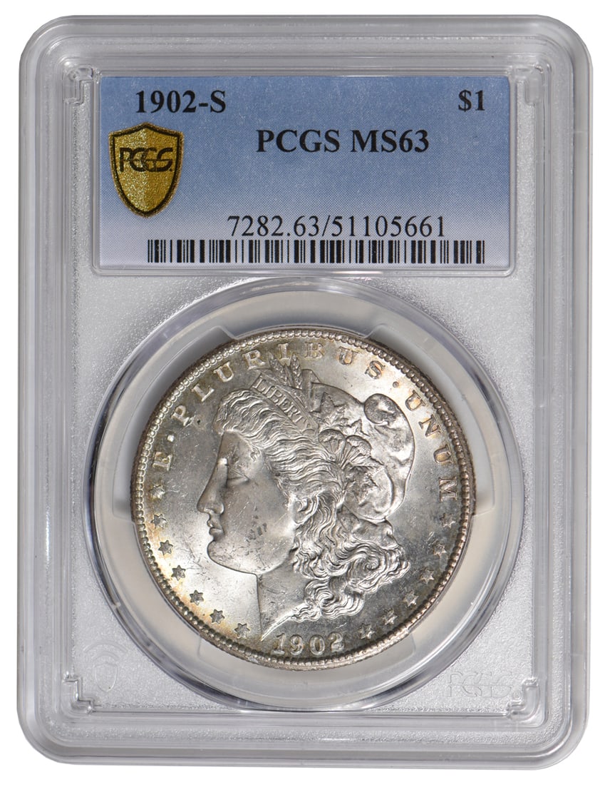 1902-S $1 Morgan Silver Dollar PCGS MS63: One 1902-S $1 Morgan Silver Dollar PCGS MS63.