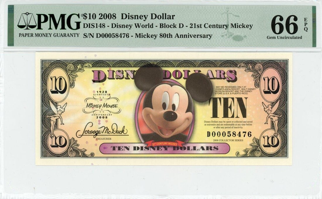 2008 $10 Mickey 80th Anniversary Disney Dollar PMG 66EPQ: One 2008 $10 Mickey 80th Anniversary Disney Dollar PMG 66EPQ.