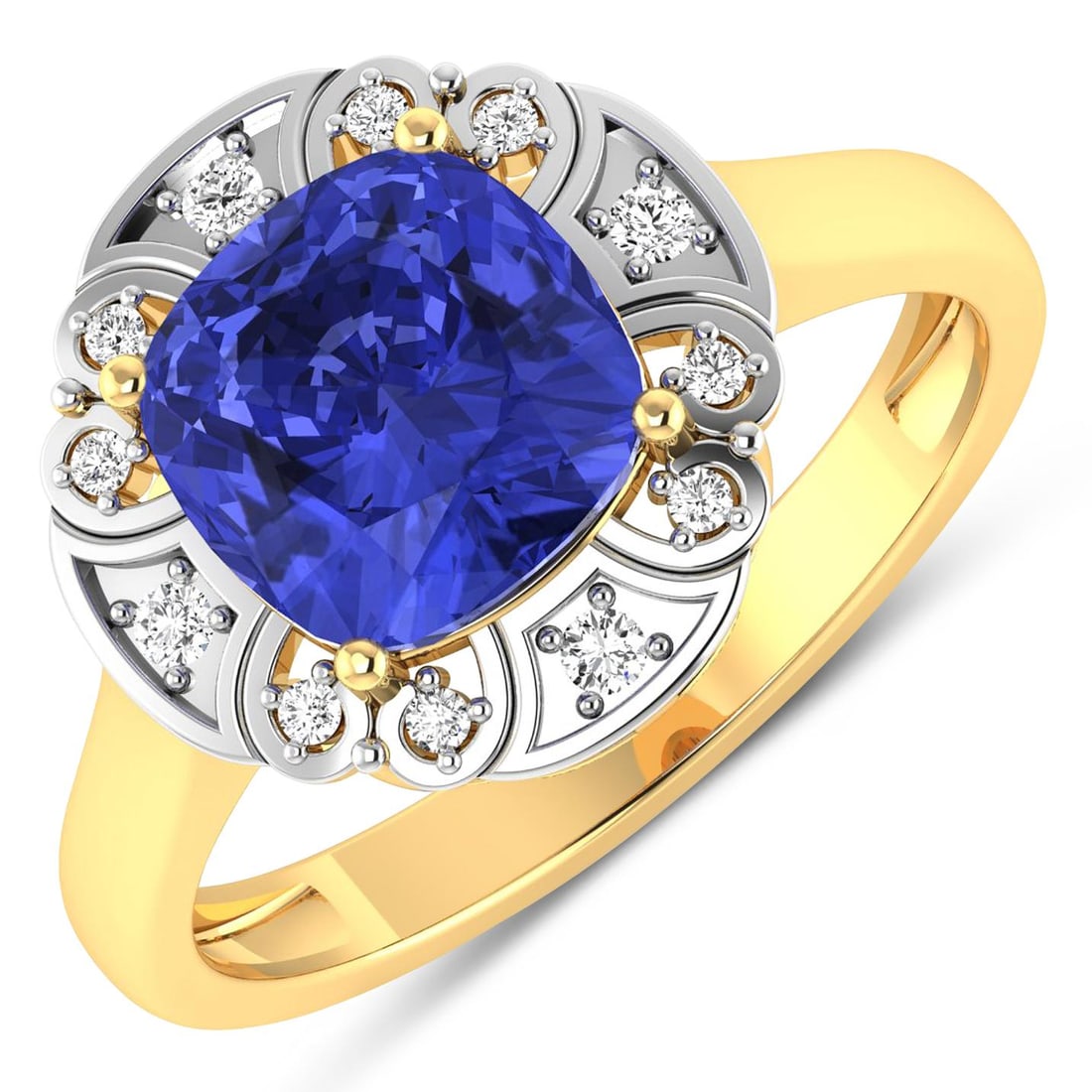 14KT Yellow Gold 1.99ctw Tanzanite and Diamond Ring: Tanzanite (AA+) Cushion 8.00mm - 1Pc + White Diamond F/C Round 1.50mm - 4Pcs + White Diamond F/C Round 1.00mm - 8Pcs ( White Pan Rhodium ) ( SI-2/HI ) Total weight of gemstone is 1.99cts. Total Diamon