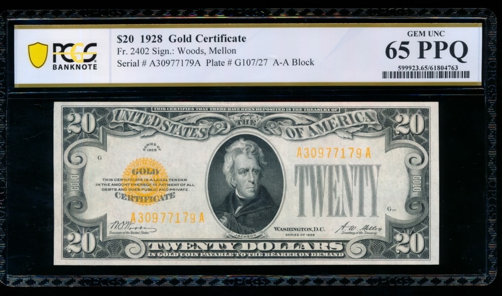 1928 $20 Gold Certificate PCGS 65PPQ: One 1928 $20 Gold Certificate PCGS 65PPQ.