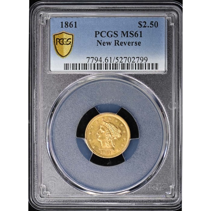 1861 $2.5 Liberty Head Quarter Eagle PCGS MS61: One 1861 $2.5 Liberty Head Quarter Eagle PCGS MS61.