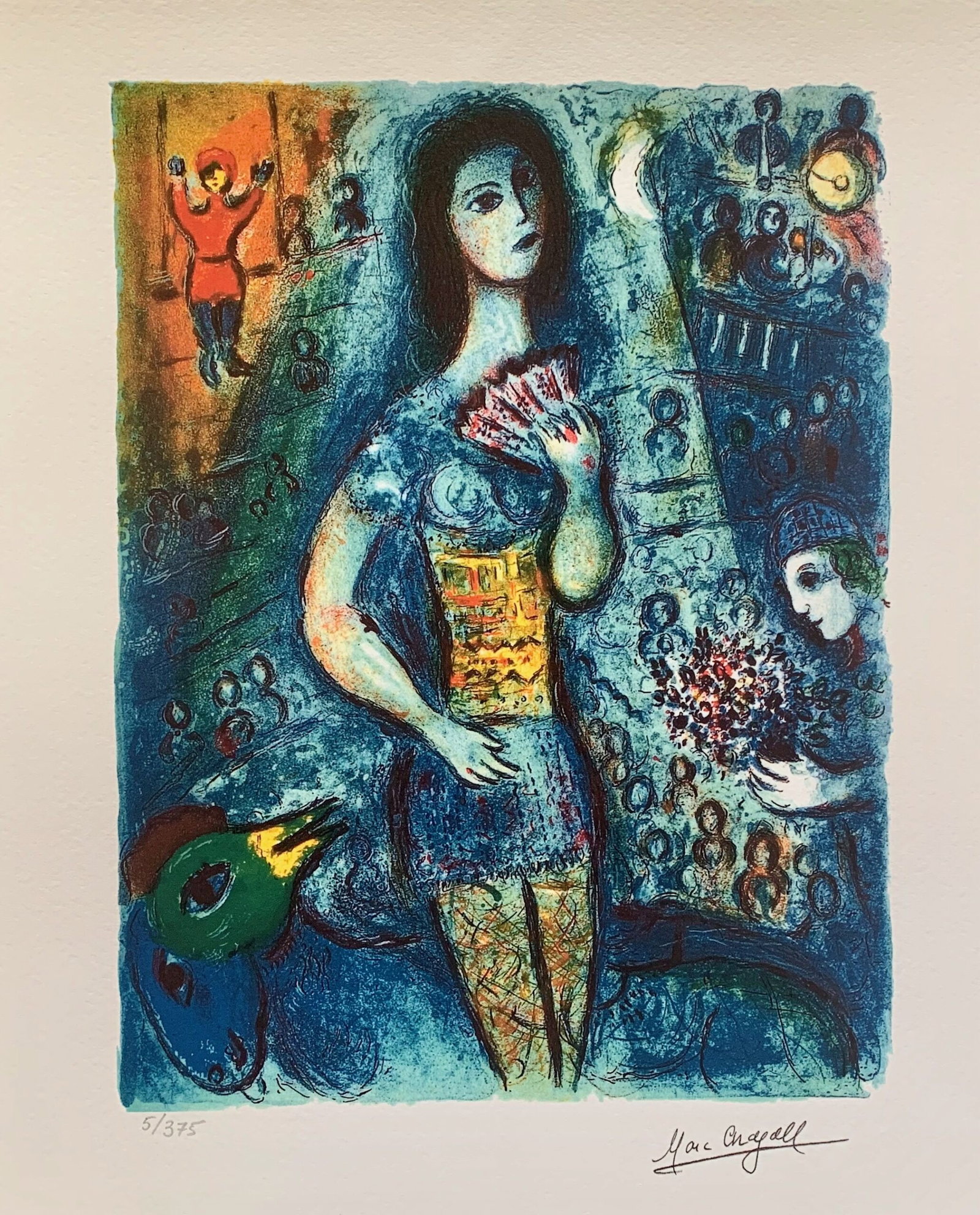 Marc Chagall CIRCUS FAN DANCER Limited Edition Facsimile Signed Giclee: This is a Marc Chagall limited edition x-small giclee titled Circus Fan Dancer. This giclee is facsimile signed on the lower right and is pencil numbered on the lower left from an edition of 375.