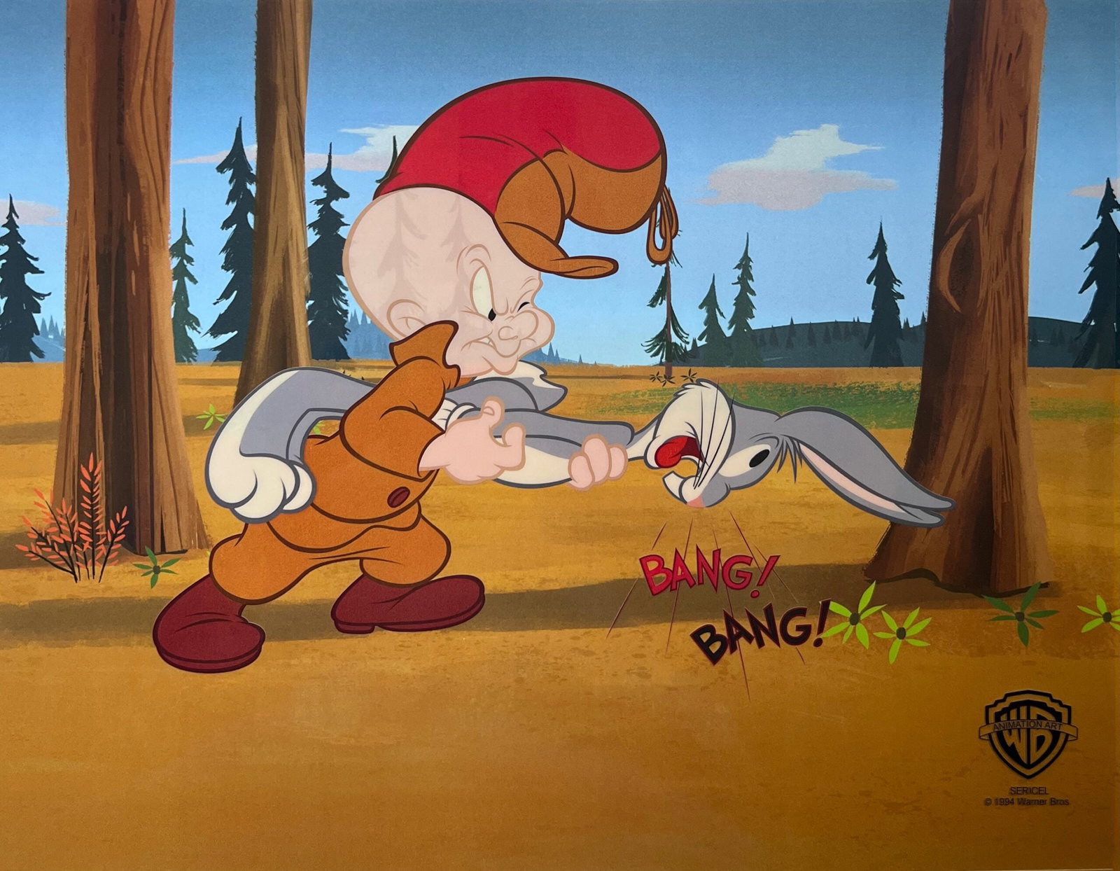 Warner Bros BUGS BUNNY & ELMER FUDD Sericel Animation Art Cel: This is a Limited Edition Sericel of Warner Bros Looney Tunes Bugs Bunny titled Bang Bang. This fantastic animation features Bugs Bunny and Elmer Fudd as they appeared in the classic original animated