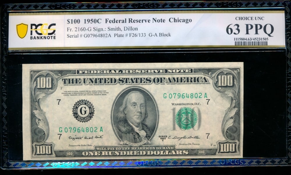 1950C $100 Chicago FRN PCGS 63PPQ: One 1950C $100 Chicago FRN PCGS 63PPQ.