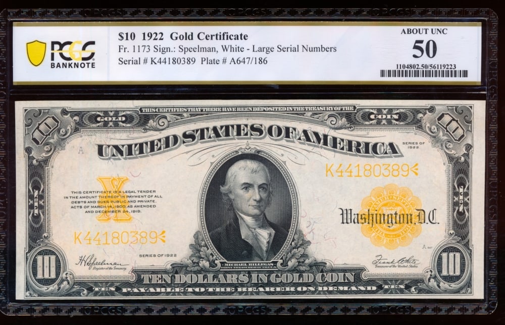 1922 $10 Gold Certificate PCGS 50: One 1922 $10 Gold Certificate PCGS 50.