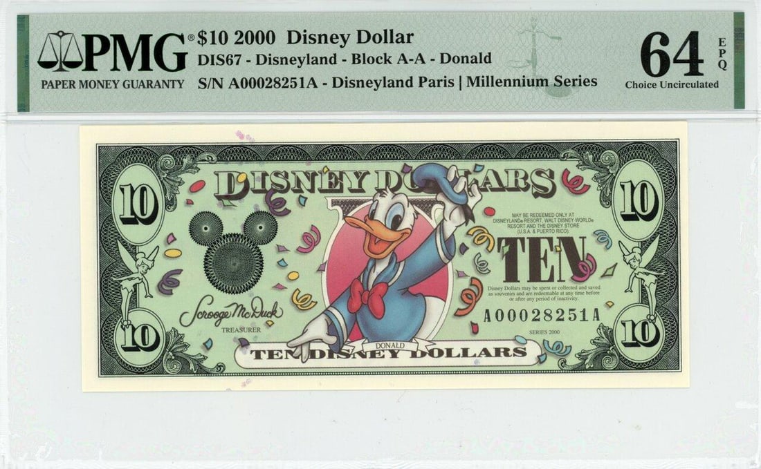 2000 $10 Donald Disney Dollar PMG 64EPQ (1 of 2)