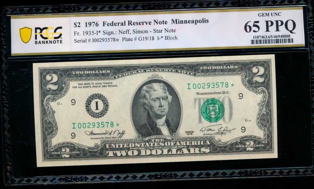 1976 $2 STAR Minneapolis FRN PCGS 65PPQ: One 1976 $2 STAR Minneapolis FRN PCGS 65PPQ.
