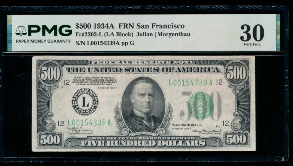 1934A $500 San Francisco FRN PMG 30: One 1934A $500 San Francisco FRN PMG 30.
