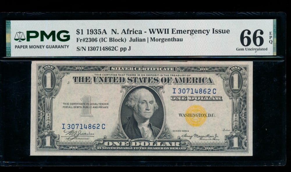 1935A $1 N Africa Silver Certificate PMG 66EPQ: One 1935A $1 N Africa Silver Certificate PMG 66EPQ.